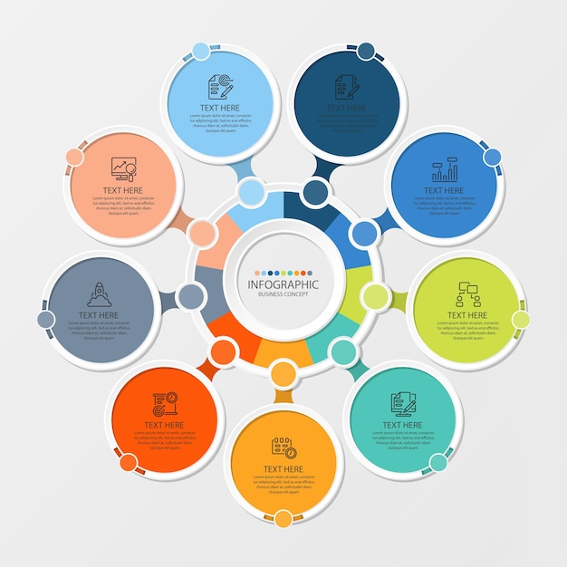 Basic circle infographic template with 9 steps process or options process chart used for process