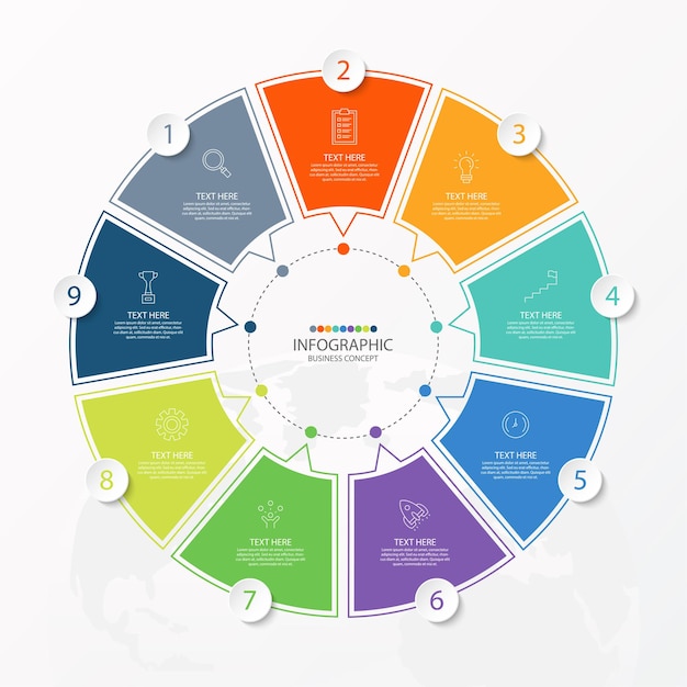 Basic circle infographic template with 9 steps, process or options