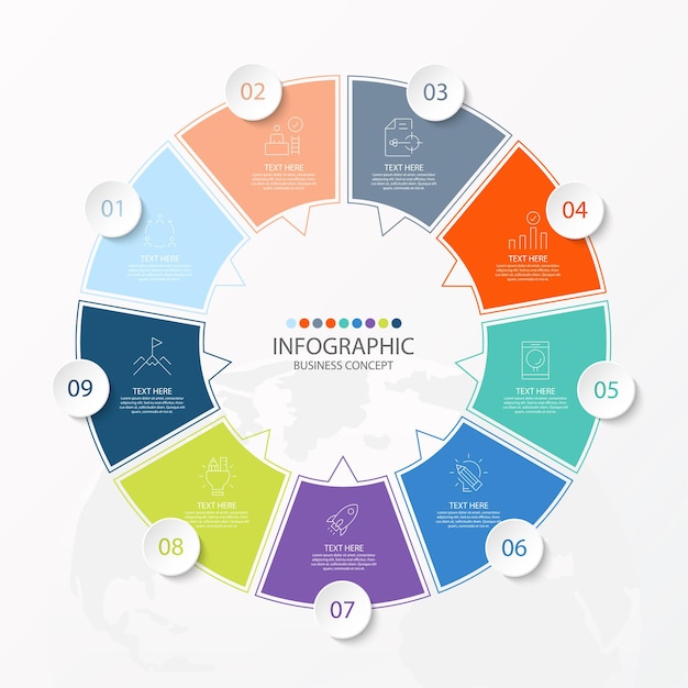 Modello di infografica cerchio di base con 9 passaggi, processo o opzioni