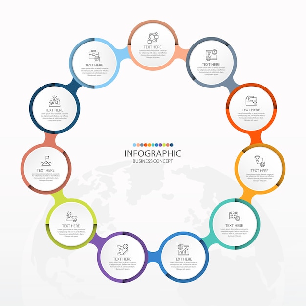 Basic cirkel infographic sjabloon met 11 stappen.