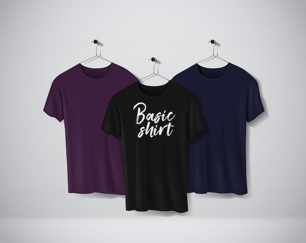 Basic color short sleeve TShirts Mockup clothes set hanging isolated on wall