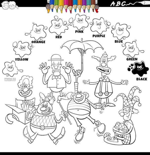 漫画のピエロの着色ページを含む基本的な色のカラーブック