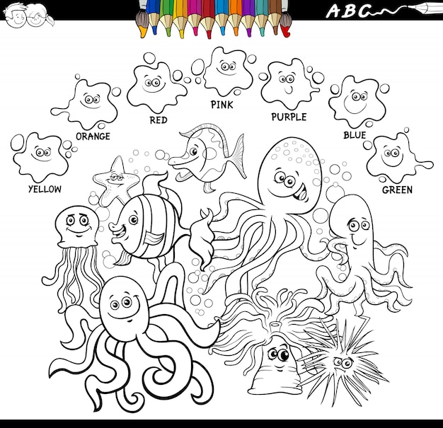 Vector basic colors color book with sea animal characters