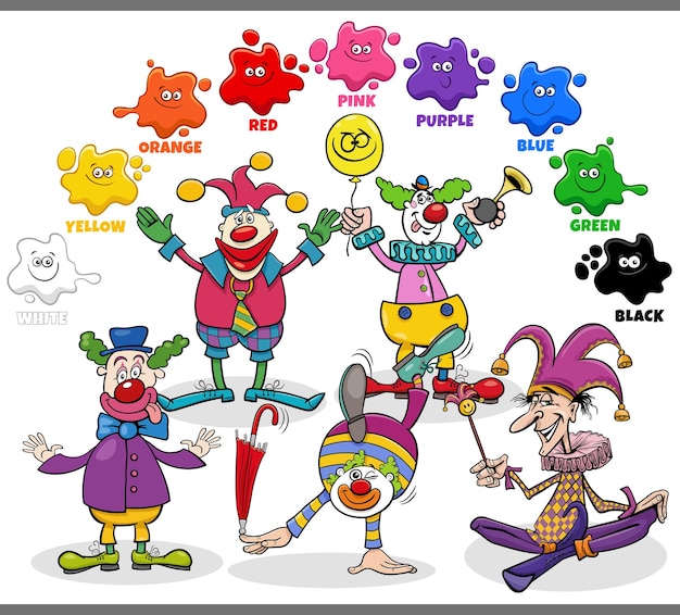 Basic colors for kids with group of cartoon colorful clowns