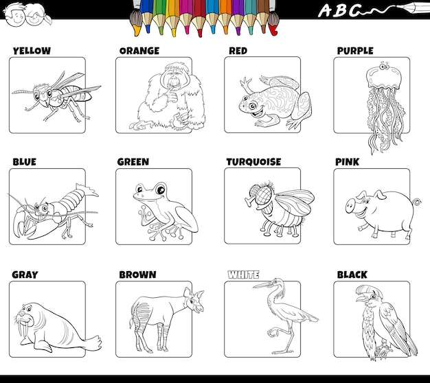 Basic colors with animal characters set coloring book page