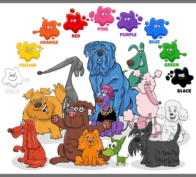 Basic colors with group of cartoon colorful dogs