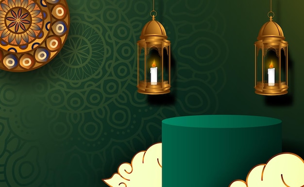 Basic cylinder podium for ramadan kareem mubarak with green color