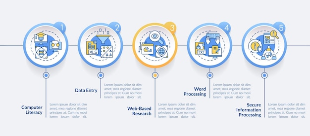 Basic digital skills circle infographic template computer literacy data visualization with 5 steps process timeline info chart workflow layout with line icons latobold regular fonts used