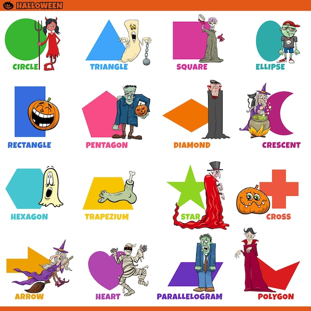 Basic geometric shapes with Halloween characters set