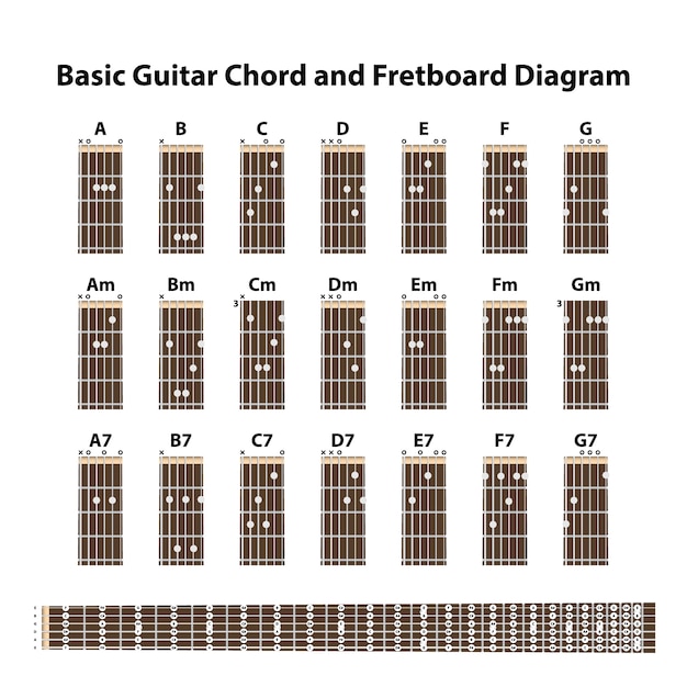 Vettore schema di accordi e tastiera di chitarra di base