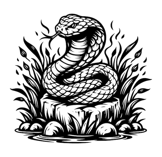 Basic illustration of a viper on a rock with grass suitable for a coloring book