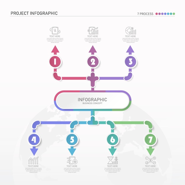 Modello di infografica di base con processo in 7 passaggi o processo di opzioni