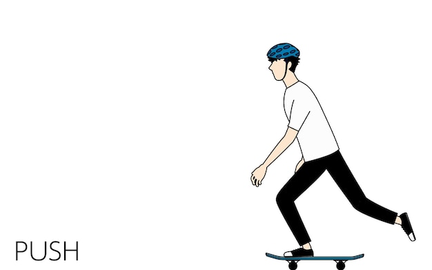Lo skateboard di base pone un uomo che spinge calci in avanti
