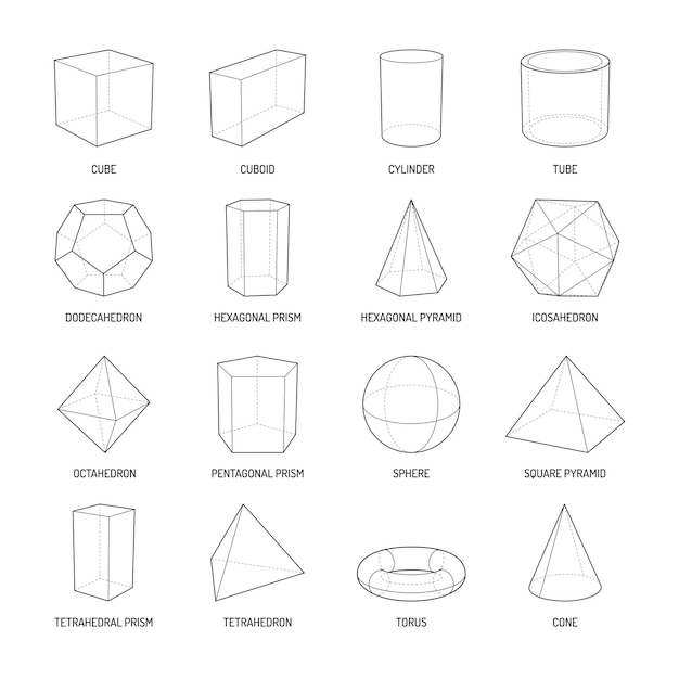 Vector basic stereometry shapes line set of cuboid octahedron pyramid prism cube cone cylinder torus isolated