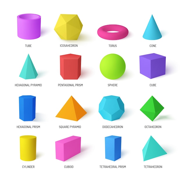 기본 stereometry 모양 사면체 및 육각 프리즘 정 이십 면체 사각형 피라미드 고립 된 그림의 현실적인 다채로운 세트
