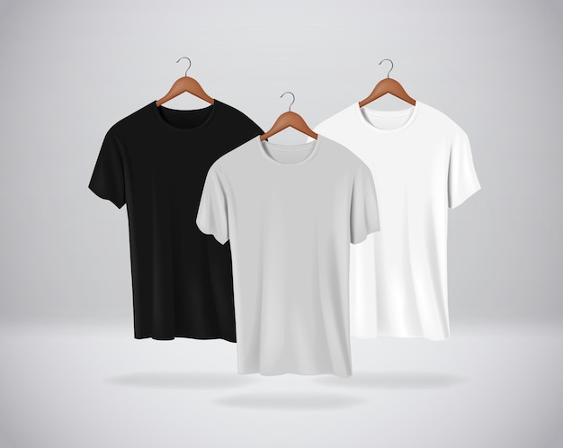 Basic T-shirts met korte mouwen collectie Mockup-kledingset hangend geïsoleerd aan de muur Voorzijde zijaanzicht voor uw ontwerp of logo Zwart grijze en witte kleur