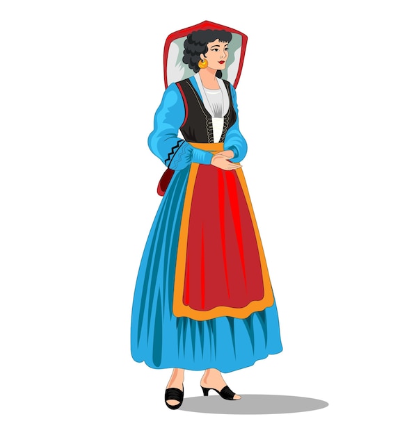 Вектор Базиликата культурная девушка стоит женщина в синем платье с красной шляпой и красным плащом