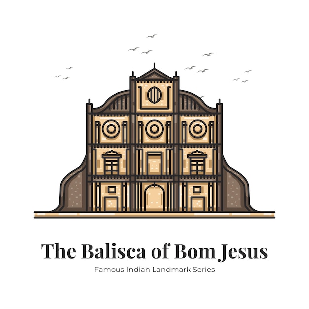 Basilisca of Bom Jesus Indian Famous Iconic Landmark Cartoon Line Art Illustration