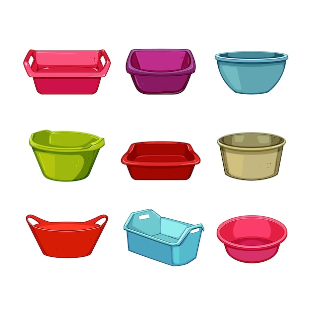 basin plastic set cartoon clean object bucket bowl utensil equipment basin plastic sign isolated symbol vector illustration