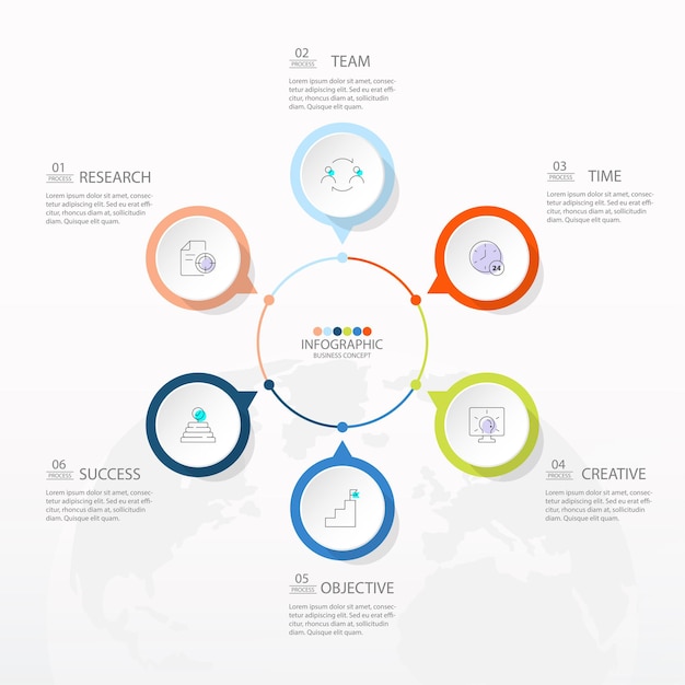 Basis cirkel infographic sjabloon met 6 stappen