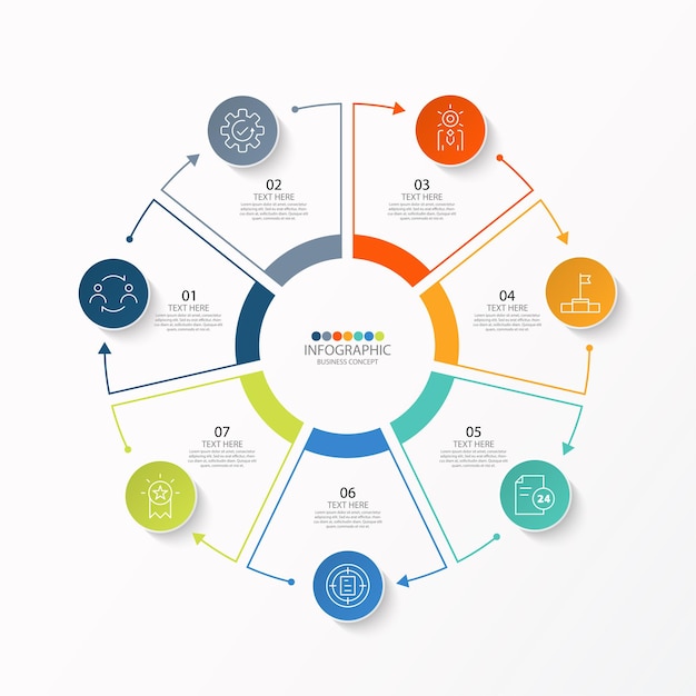 Basis cirkel infographic sjabloon met 7 stappen