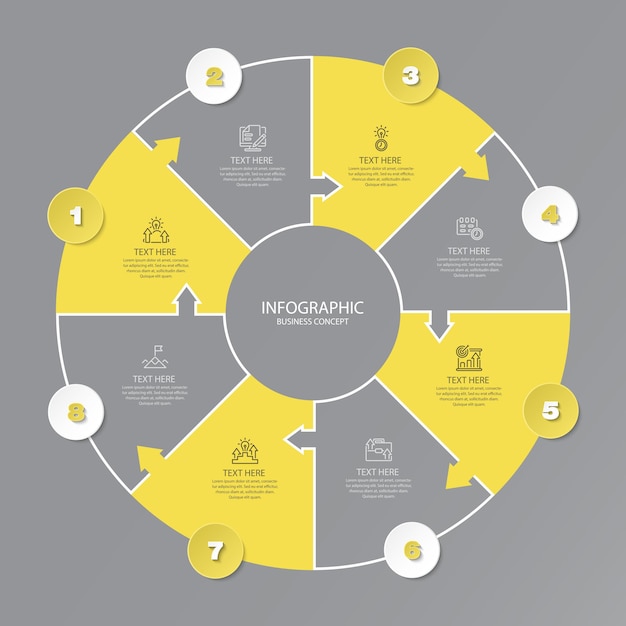 Basiscirkel infographic met 8 stappen, proces of opties.