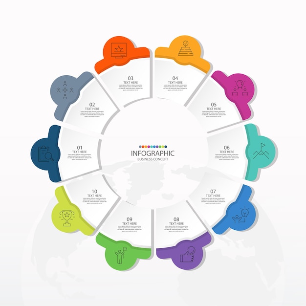 Basiscirkel infographic sjabloon met 10 stappen, proces of opties, procesdiagram