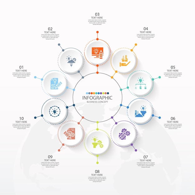 Basiscirkel infographic sjabloon met 10 stappen, proces of opties, procesgrafiek, gebruikt voor procesdiagram, presentaties, werkstroomlay-out, stroomschema, infograph. Vectorillustratie eps10.