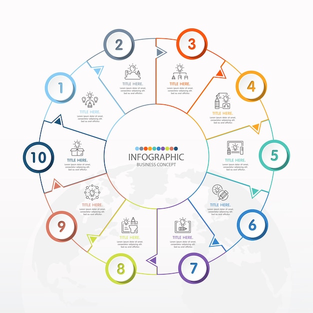 Basiscirkel infographic sjabloon met 10 stappen, proces of opties, procesgrafiek, gebruikt voor procesdiagram, presentaties, werkstroomlay-out, stroomschema, infograph. Vectorillustratie eps10.