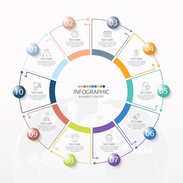 Basiscirkel infographic sjabloon met 10 stappen, proces of opties
