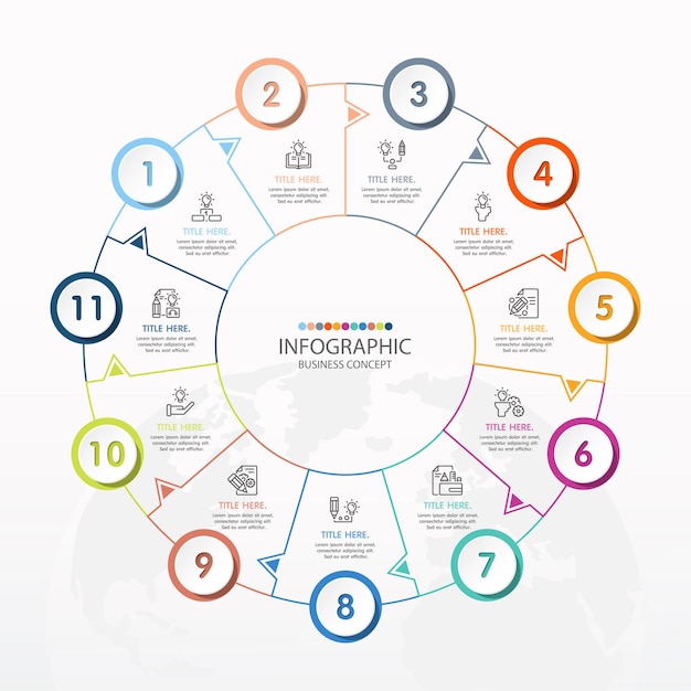 Basiscirkel infographic sjabloon met 11 stappen, proces of opties, procesgrafiek, gebruikt voor procesdiagram, presentaties, werkstroomlay-out, stroomschema, infograph. Vectorillustratie eps10.