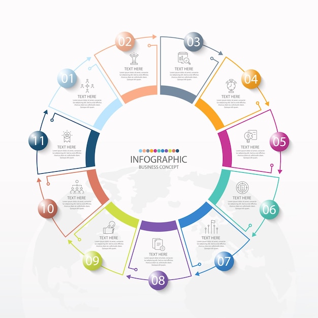 Basiscirkel infographic sjabloon met 11 stappen, proces of opties