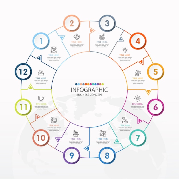 Basiscirkel infographic sjabloon met 12 stappen, proces of opties, procesdiagram, gebruikt voor procesdiagram, presentaties, werkstroomlay-out, stroomschema, infograph. vectorillustratie eps10.