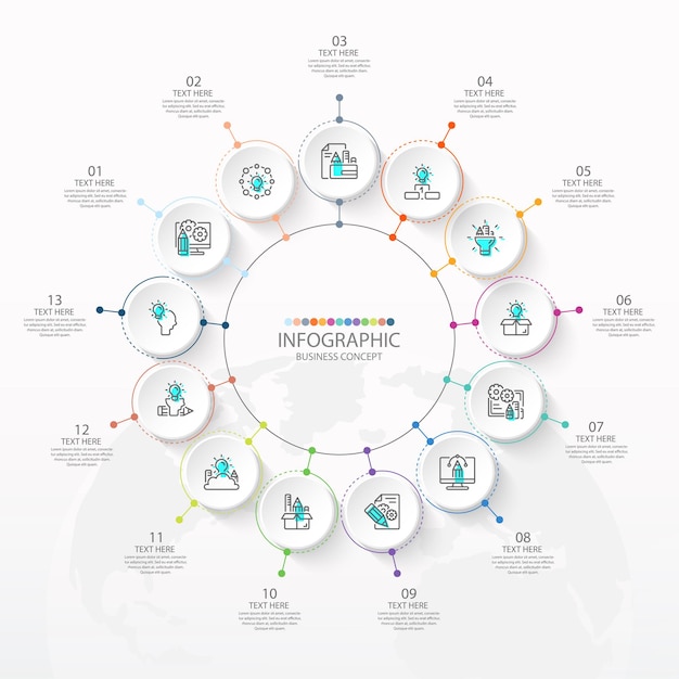 Basiscirkel infographic sjabloon met 13 stappen, proces of opties, procesgrafiek, gebruikt voor procesdiagram, presentaties, werkstroomlay-out, stroomschema, infograph. Vectorillustratie eps10.