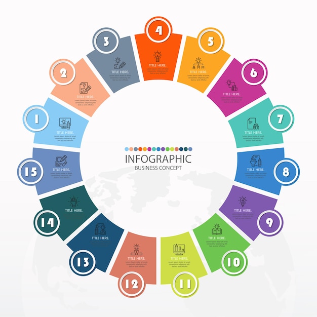 Basiscirkel infographic sjabloon met 15 stappen, proces of opties, procesdiagram, gebruikt voor procesdiagram, presentaties, werkstroomlay-out, stroomschema, infograph. vectorillustratie eps10.