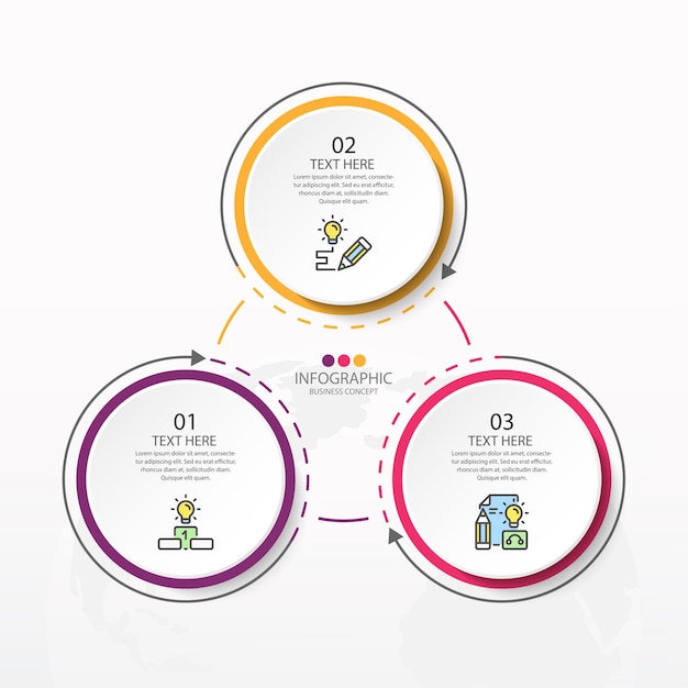 Basiscirkel infographic sjabloon met 3 stappen, proces of opties, procesdiagram, gebruikt voor procesdiagram, presentaties, werkstroomlay-out, stroomschema, infograph. Vectorillustratie eps10.