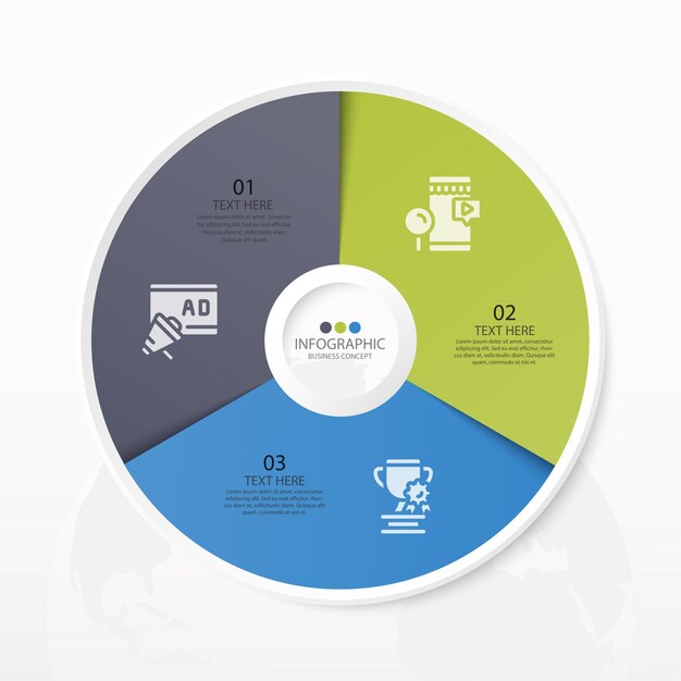 Basiscirkel infographic sjabloon met 3 stappen, proces of opties, procesgrafiek, gebruikt voor procesdiagram, presentaties, werkstroomlay-out, stroomschema, infograph. vectorillustratie eps10.