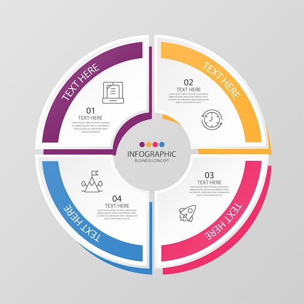 Basiscirkel infographic sjabloon met 4 stappen, proces of opties, procesgrafiek, gebruikt voor procesdiagram, presentaties, werkstroomlay-out, stroomschema, infograph. Vectorillustratie eps10.
