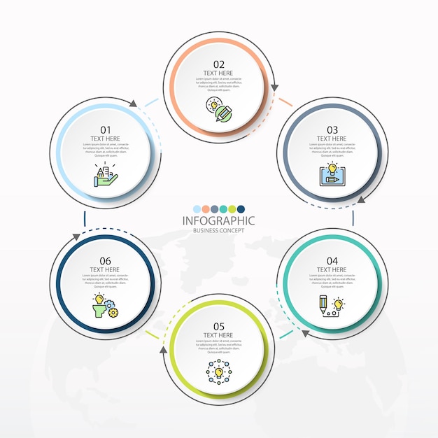 Basiscirkel infographic sjabloon met 6 stappen, proces of opties, procesgrafiek, gebruikt voor procesdiagram, presentaties, werkstroomlay-out, stroomschema, infograph. vectorillustratie eps10.