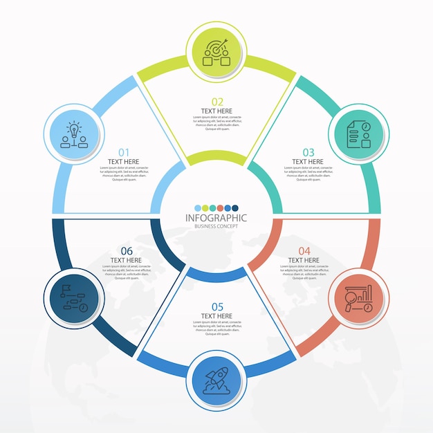 Basiscirkel infographic sjabloon met 6 stappen, proces of opties, procesgrafiek, gebruikt voor procesdiagram, presentaties, werkstroomlay-out, stroomschema, infograph. Vectorillustratie eps10.