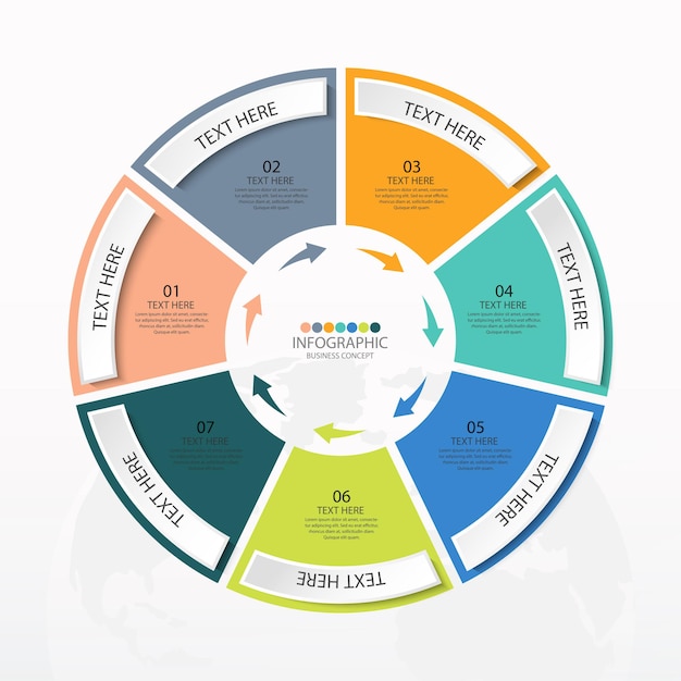 Basiscirkel infographic sjabloon met 7 stappen, proces of opties, procesgrafiek, gebruikt voor procesdiagram, presentaties, werkstroomlay-out, stroomschema, infograph. Vectorillustratie eps10.