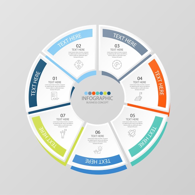 Basiscirkel infographic sjabloon met 7 stappen, proces of opties, procesgrafiek, gebruikt voor procesdiagram, presentaties, werkstroomlay-out, stroomschema, infograph. Vectorillustratie eps10.
