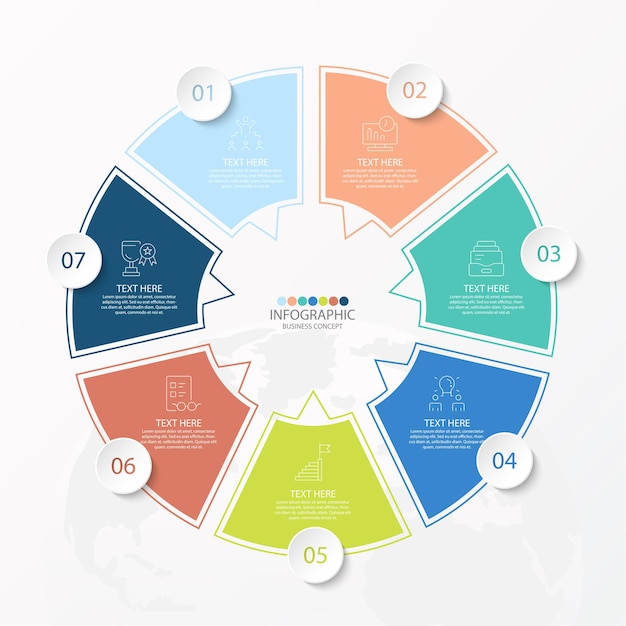 Basiscirkel infographic sjabloon met 7 stappen, proces of opties