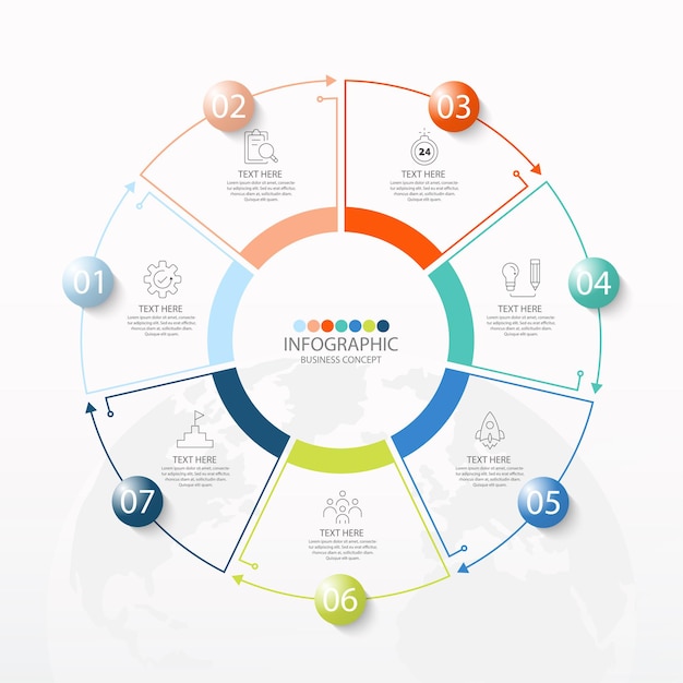 Basiscirkel infographic sjabloon met 7 stappen, proces of opties