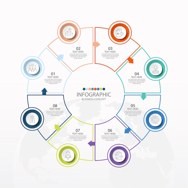 Basiscirkel infographic sjabloon met 8 stappen, proces of opties, procesdiagram