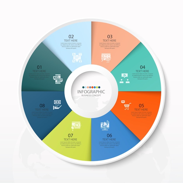 Basiscirkel infographic sjabloon met 8 stappen, proces of opties, procesgrafiek, gebruikt voor procesdiagram, presentaties, werkstroomlay-out, stroomschema, infograph. Vectorillustratie eps10.