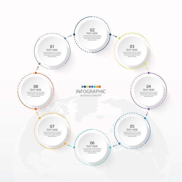 Basiscirkel infographic sjabloon met 8 stappen, proces of opties.