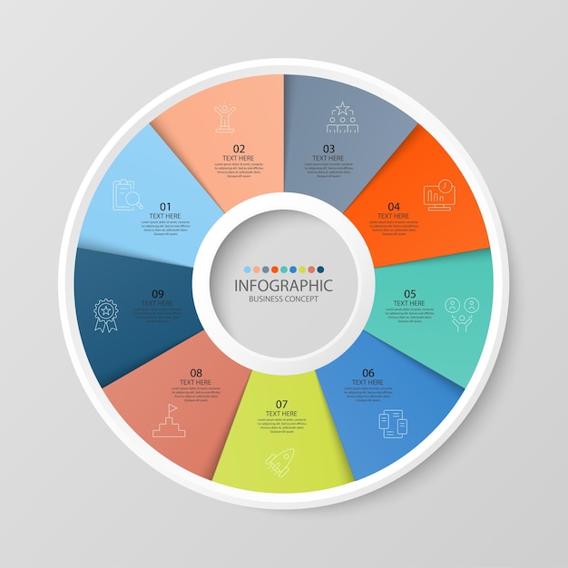 Basiscirkel infographic sjabloon met 9 stappen, proces of opties, procesgrafiek, gebruikt voor procesdiagram, presentaties, werkstroomlay-out, stroomschema, infograph. vectorillustratie eps10.