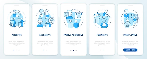 Basiscommunicatiestijlen blauw onboarding-scherm voor mobiele apps