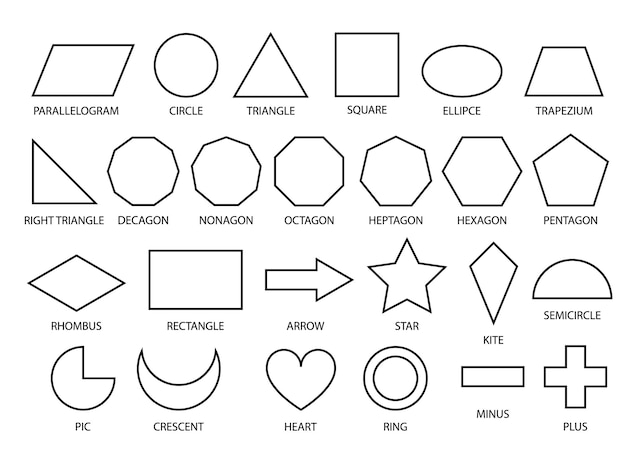 Vector basisvormen geometrische vormencollectie voor basisschool of kleuterschool overzicht kinderen geometrie cijfers voor het leren van kinderen onderwijs educatieve set op witte achtergrond